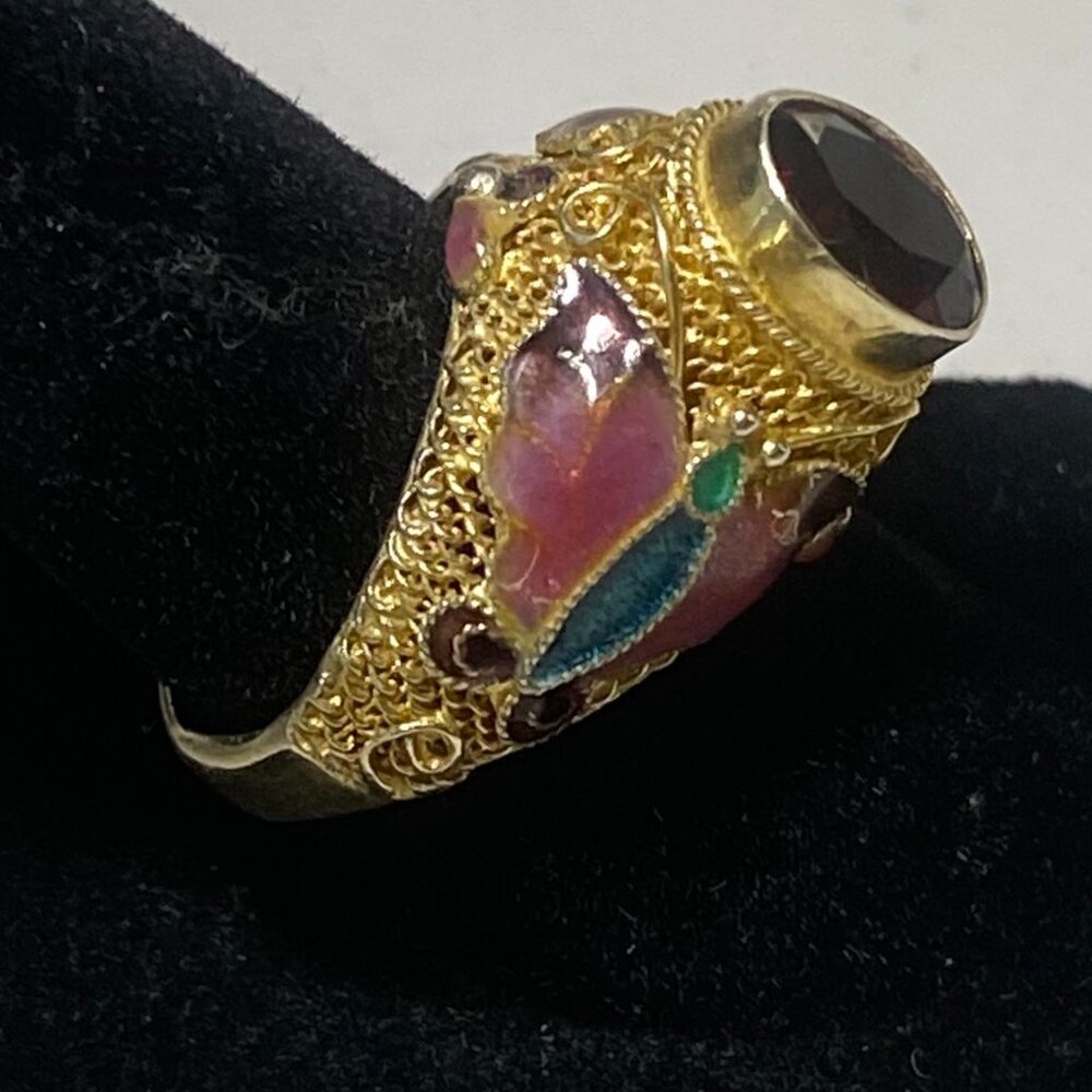 Barbara Garwood Garnet Ring Collectable Mongolian Art 14K over Silver - Picture 3 of 4